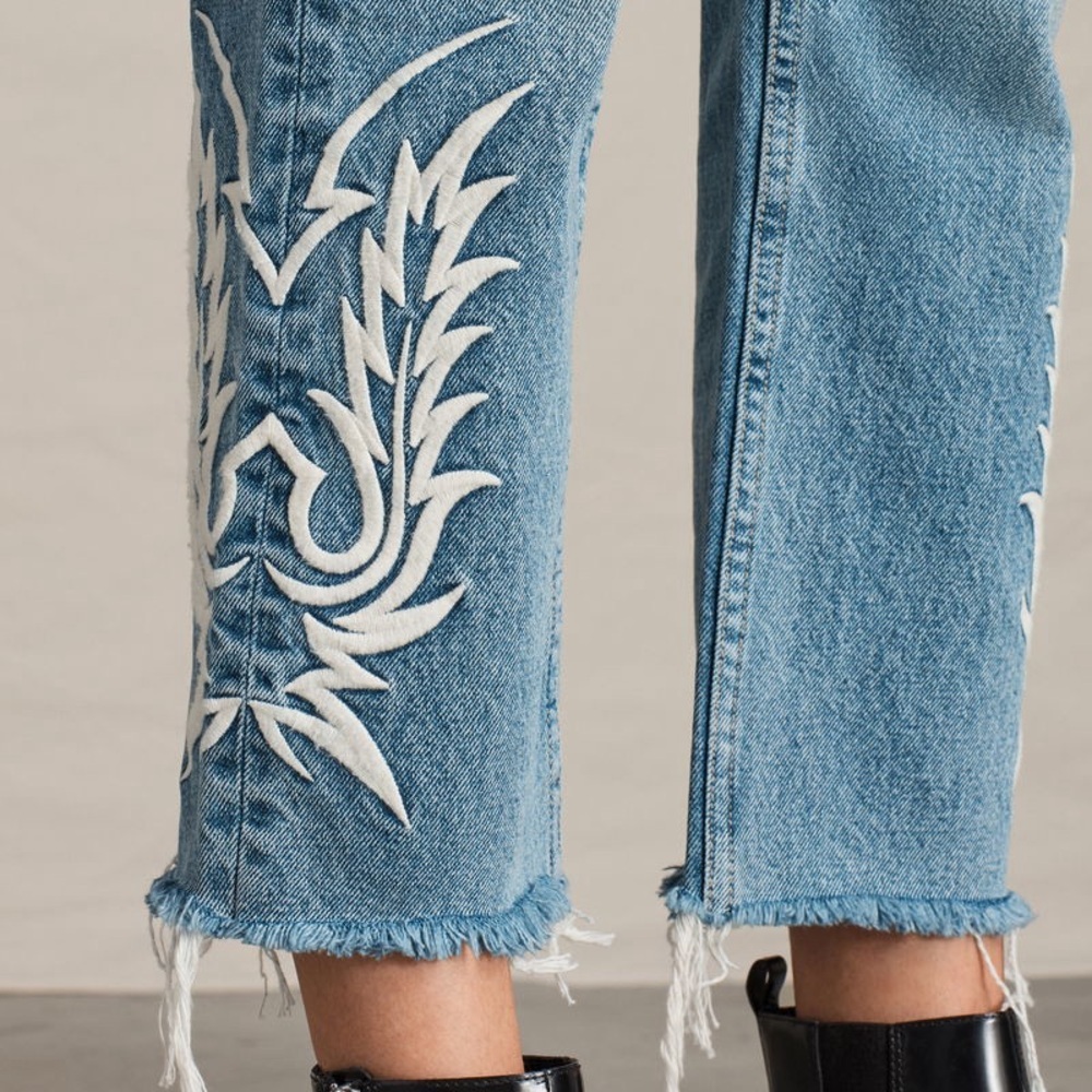 All Saints Philly Embroidered Blue Denim Jeans Raw Hem Size W25 - Picture 2 of 12